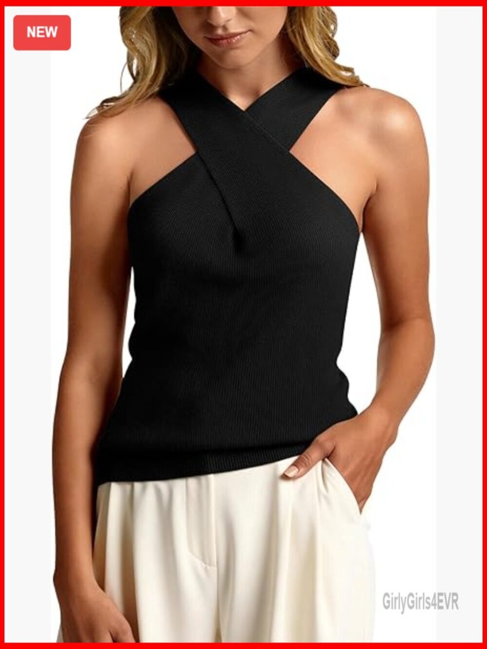 Halter Neck Crossover Sleeveless Ribbed Knit Tank Top Slim Fit Summer